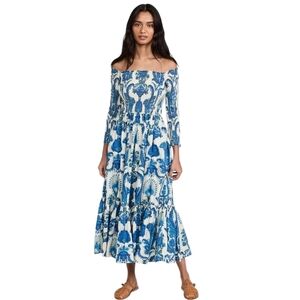 Cara Cara Blue Midi Dress Skylar Smocked Off The Shoulder Dress Floral XS